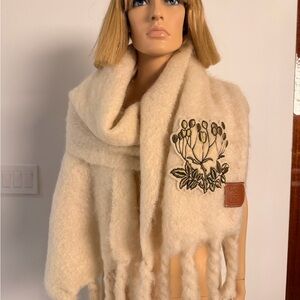 Loewe Cream Embroidered Fringe Scarf - Women Accessories